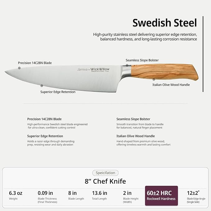WICKWILLOW 8” Chef Knife – Swedish Steel, Professional, Olive Wood | Ideal for meat, vegetables and daily prep. Hand wash only. Gift box included. | Jarniva Series - Image 4