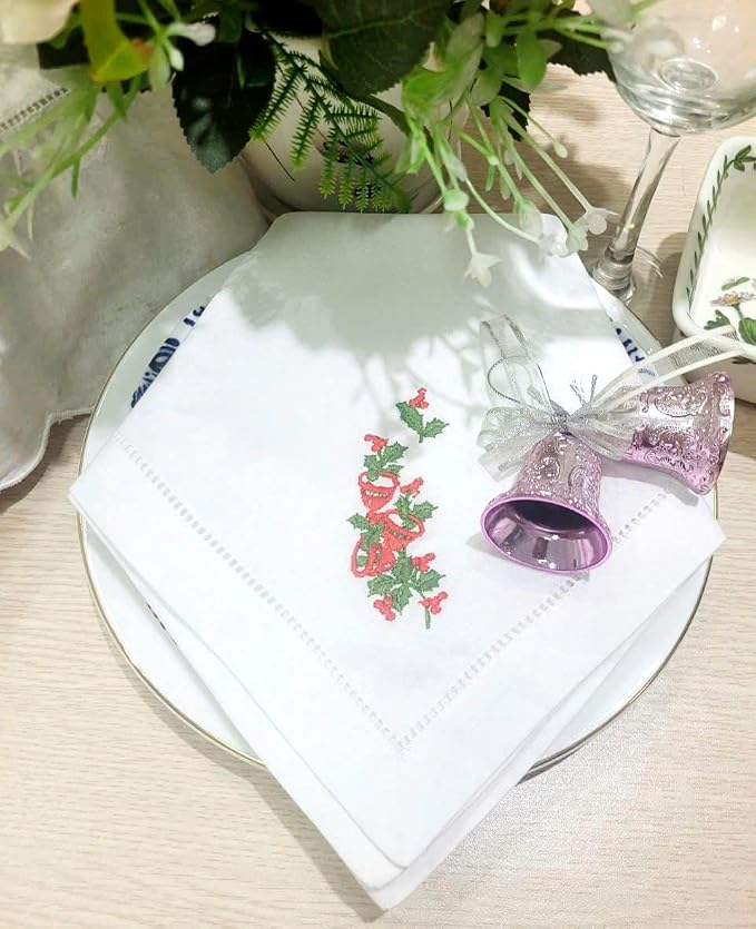 Embroidered Cloth Napkin Red Bells and Holly Christmas Cotton Napkins Set of 6, 20 x 20 Hemstitch Table Napkins Machine Washable, Daily & Holidays, Great Gift Ideas - Image 2