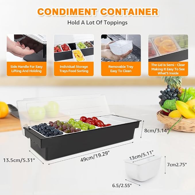 Chilled Condiment Caddy Server With Lid 6 Compartment Garnish Tray | Plastic Condiment Container Garnish Tray For Bartenders,Bar Condiment Fruit Caddy With Lid And Removable Trays - Image 2
