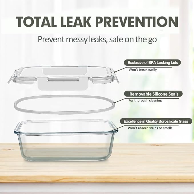 VERONES 12 Packs Glass Food Storage Containers Set with Lids, White | Airtight Glass Lunch Containers, Glass Meal Prep Containers with Lids, for Microwave, Oven, Freezer & Dishwasher Friendly - Image 3