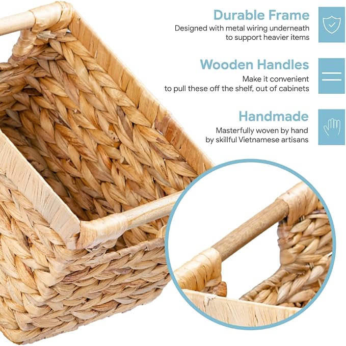 Small Wicker Baskets for Organizing Bathroom, Hyacinth Baskets for Storage, Wicker Storage Basket with Wooden Handle, Decorative Small Basket 10 x 7.5 x 6.3 inches - 3 Pack - Image 3