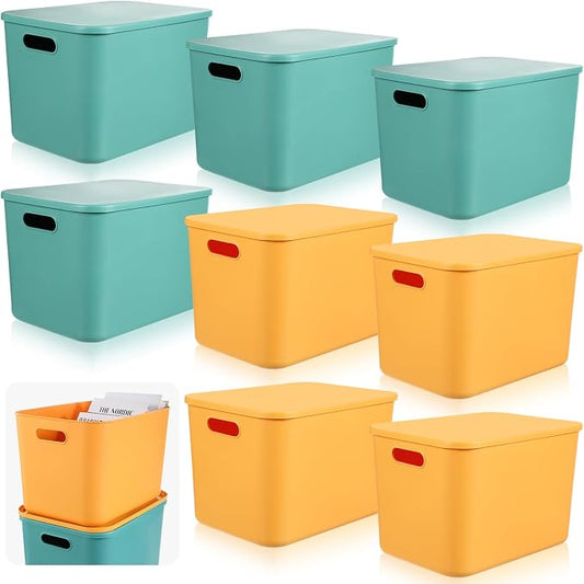 8 Pieces Colorful Storage Bins with Lid, Plastic Storage Basket Organizing Container Stackable Box with Handle for Shelves Desktop Playroom Office(14.2 x 10.2 x 9.5 Inch,Green and Yellow) by Hoolerry