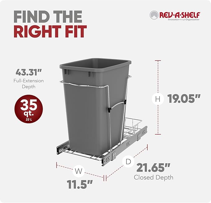 Rev-A-Shelf Pullout Trash Can for Kitchen Cabinets, Silver Waste Bin, 35 Qt | Large Capacity Garbage/ Recycling Waste Container, Heavy Gauge Metal Wire Construction w/Full Extension Slides, RV-12KD-17C S - Image 3