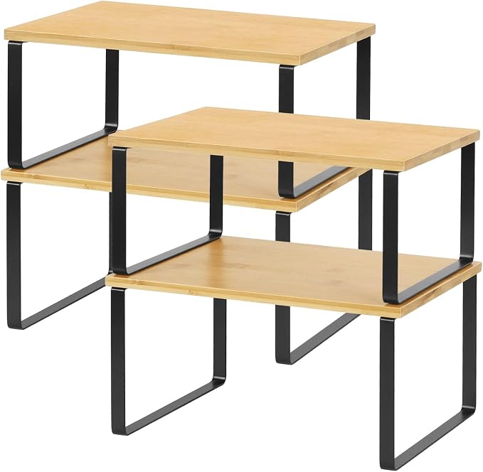 NEX Bamboo Cabinet Organizer Shelf, Kitchen Counter Shelves Set of 4 | Stackable & Expandable Spice Rack, Space-Saving Pantry Organizers Bathroom Countertop Storage, Natural and Black by NEX