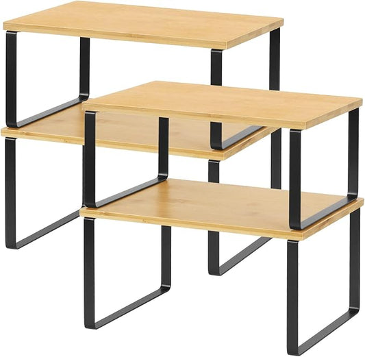 NEX Bamboo Cabinet Organizer Shelf, Kitchen Counter Shelves Set of 4 | Stackable & Expandable Spice Rack, Space-Saving Pantry Organizers Bathroom Countertop Storage, Natural and Black by NEX