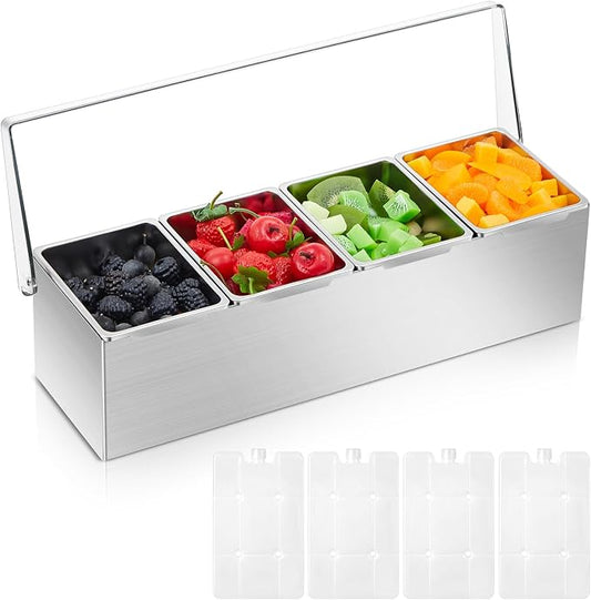 Boao 4 Slot Yakumi Pan Stainless Steel Condiment Tray Garnish Tray with 4 Ice Boxes Condiment Container with Lid for Spring Easter Party Hot Pot Sauce Station Bar Drink Topping Prep Station Supplies by Boao