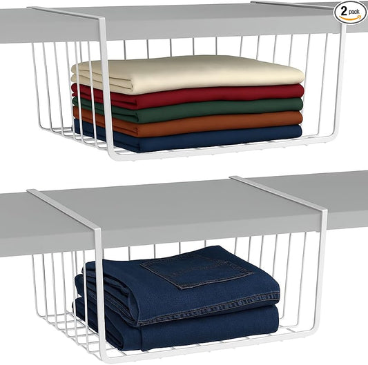 Modern Home Under Shelf Wire Storage Baskets – Hanging Organizer Rack for Cabinet, Pantry, or Closet – White Metal Basket for Kitchen, Towels, or Office – No Tools Required (Set of 2 11") by Modern+Home