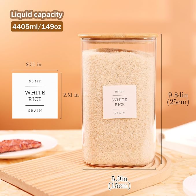 CZZGSM 2 Pack Square Glass Flour and Sugar Containers with 132 Kitchen Pantry Labels - Thicken 149 FL OZ Large Glass Storage Jars with Airtight Bamboo Lid - Big Food Canisters for Rice, Pasta, Cookie - Image 3