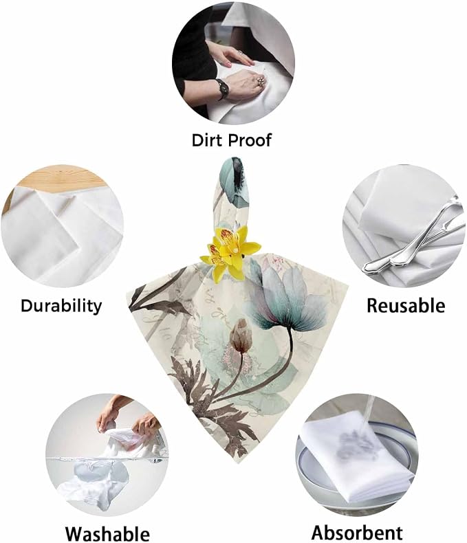 Teal Tulip Cloth Napkins Set of 8, Rustic Farmhouse Floral Cocktail Cloth Napkins 20 x 20 Inch, Elegant Flower Vintage Brown Washable Reusable Dinner Table Napkins for Wedding Holiday Party - Image 8
