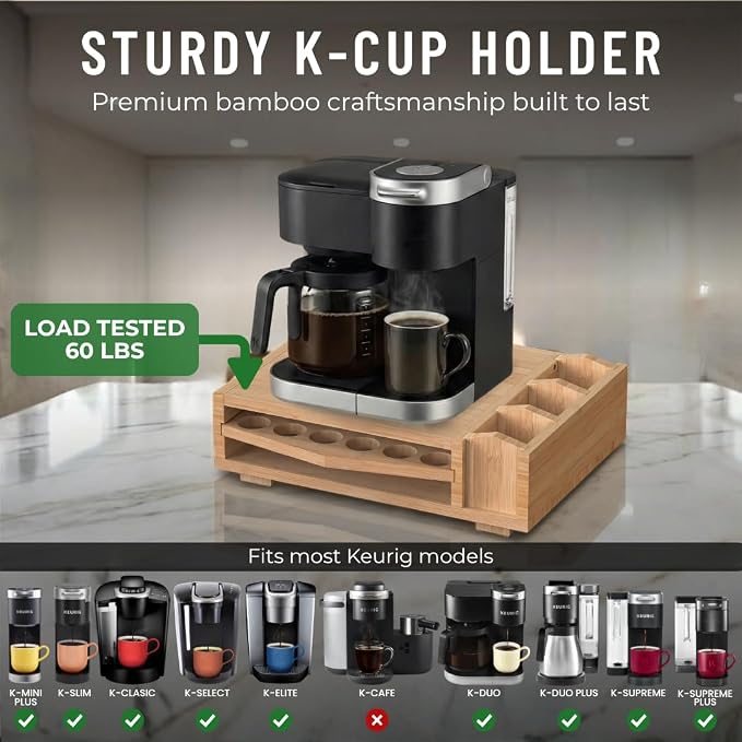 Bamboo Keurig Pod Organizer, Large 36 K-Cup Capacity Aesthetic Under Machine K-Cup Storage Drawer, Space-Saving Keurig Stand With Storage, 3 Slots For Tea & Spoons, Fits Keurig Brewers - Image 5