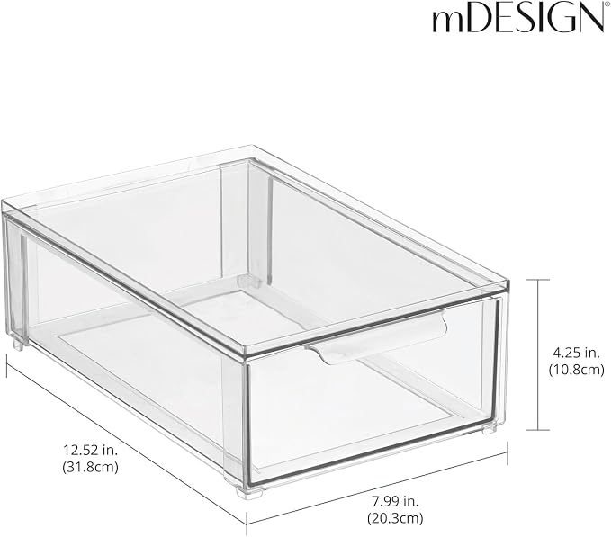 mDesign Plastic Stackable Bathroom Storage Organizer Bin with Pull Out Drawer for Cabinet, Vanity, Shelf, Cupboard, Cabinet, or Closet Organization - Lumiere Collection - 8 Pack - (Clear, 8 x 12 x 4) - Image 3