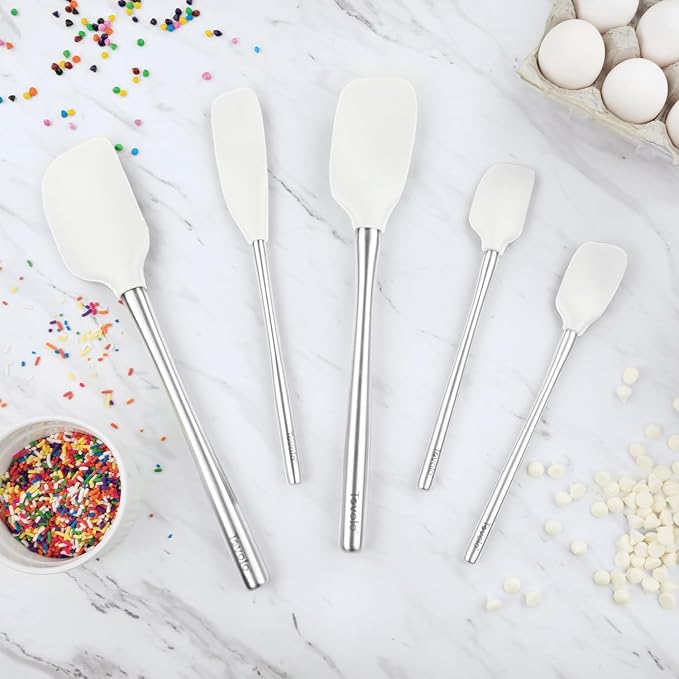 Tovolo Stainless Steel Handled Silicone Spatula Set of 5 White, Dishwasher Safe Kitchen Spatula Set for Cooking Baking, Non Toxic BPA Free Silicone Spatula set with Metal Steel Handle - Image 4