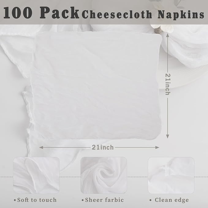 100 Pack White Cheesecloth Napkins Washable 21x21 Inches White Cloth Napkins Set of 100 Dinner Table Napkins for Wedding Cotton Gauze Bridal Baby Shower Rustic Boho Summer Party Table Decor - Image 3
