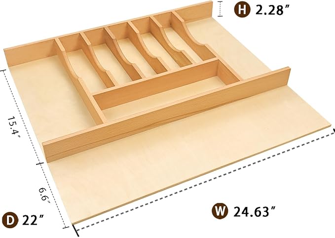 Silverware Drawer Organizer - Trim-to-Fit with Adjustable Dividers for Kitchen Utensil Storage, Beech Wood Frame with 11 Sizes (24.63" W x 22" D) - Image 4