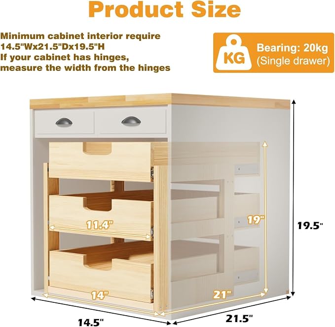 Pull Out Cabinet Organizer, 14''W×21''D Sliding Drawers for Cabinets, 3 Tier Soft Close Slide Out Wooden Pull out Drawers, Base Cabinet Organization for Kitchen, Pantry, Bathroom. - Image 3