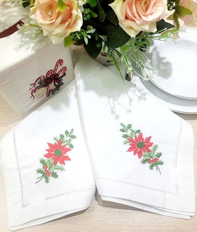 Embroidered Cloth Napkin Poinsettia and Holly Christmas Cotton Napkins Set of 6, 20 x 20 Hemstitch Table Napkins Machine Washable, Daily & Holidays, Great Gift Ideas - Image 5