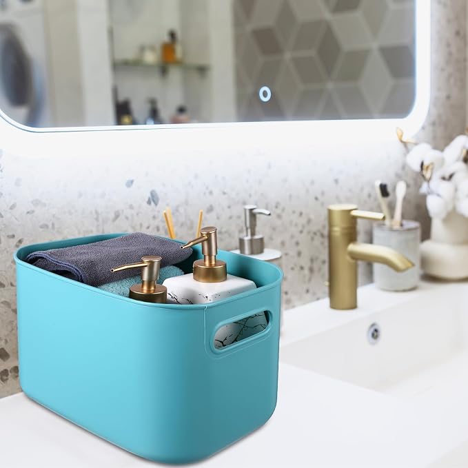 8 Pieces Colorful Storage Bins with Lid, Plastic Storage Basket Organizing Container Stackable Box with Handle for Shelves Desktop Playroom Office(10.2 x 7 x 6.3 Inch,Green and Yellow) - Image 5