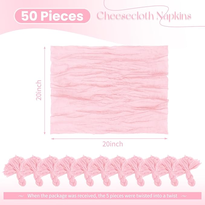 50 Pack Pink Cloth Napkins 20x20 Inch Cheesecloth Napkins | Elegant Cloth Napkins for Table, Washable Rustic Boho Gauze Napkins, for Wedding Party Bridal Baby Shower Dinner Table Decor - Image 2