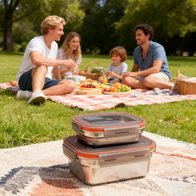 Pack of 2 Stainless Steel Food Storage Containers with Lid, 1100 ml + 360 ml, Food Storage Box, for Picnic and Travel, Reusable and Stackable - Image 6