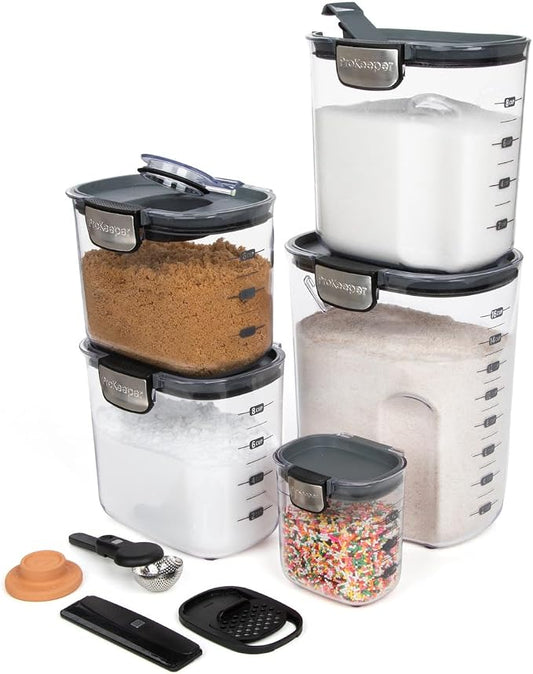 Progressive ProKeeper+ 9 Piece Clear Plastic Airtight Food Flour and Sugar Baker's Kitchen Storage Organization Container Canister Set with Magnetic Accessories (Grey/Clear, 9-Piece) by ProgressiveInternational