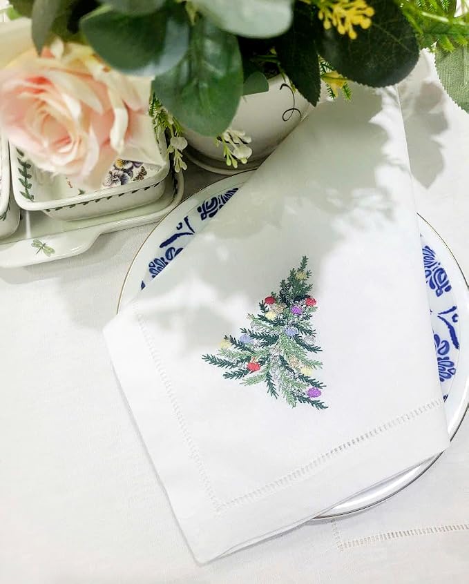 Embroidered Cloth Napkin Christmas Tree & Ornaments Cotton Napkins Set of 6, 20x20 Hemstitch Table Napkins Machine Washable, Daily & Christmas, Great Present Ideas - Image 5