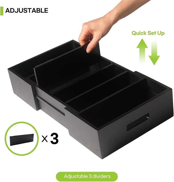 CLEANCLUE Expandable Kitchen Cabinet Organizer for Food Storage Container Lids, Bamboo Drawer Caddy Adjustable Dividers, Box for Kitchen Storage and Organization, Lids Organizer for Cabinet (Black) - Image 3