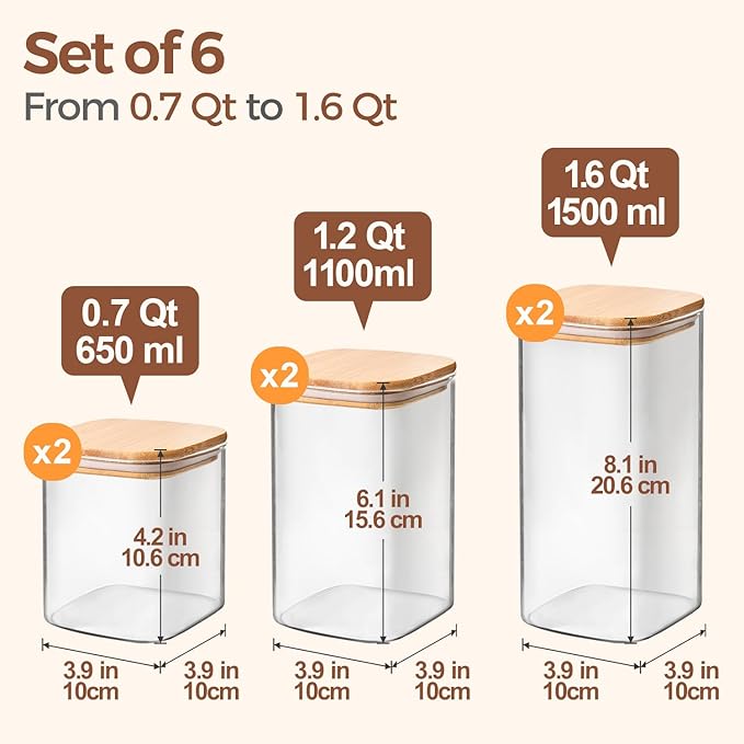 ComSaf Glass Pantry Storage Containers (0.7Qt/1.2Qt/1.6Qt) Set of 6, Square | Glass Storage Containers with Lids, Kitchen Canisters, Pantry Jar, Bamboo Lid with Silicone Seal, Flour Cereal Tea, BPA Free - Image 2