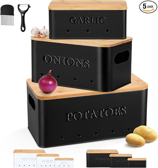 Honeydak 3 PCS Black Potato Onion Garlic Storage Bins Set, Metal Vegetable Keeper Containers with Lids Aerating Holes for Kitchen Counter Pantry Keep Fresh Longer Farmhouse for Sweet-potato Fruit by Honeydak