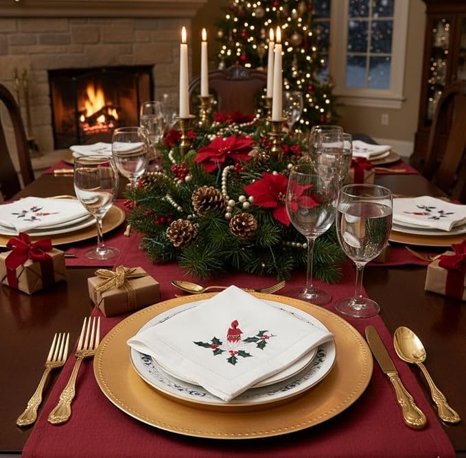 Embroidered Cloth Napkin Candle & Holly Christmas Cotton Napkins Set of 6, 20 x 20 Hemstitch Table Napkins, Machine Washable, Daily & Holidays, Great Gift Ideas - Image 2