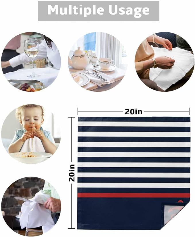 Navy Blue Striped Cloth Napkins Set of 4, Red Anchor Summer Seaside Dinner Napkins Cloth Washable, Cocktail Napkins Reusable for Wedding, Party, Birthday (20"x20") - Image 7
