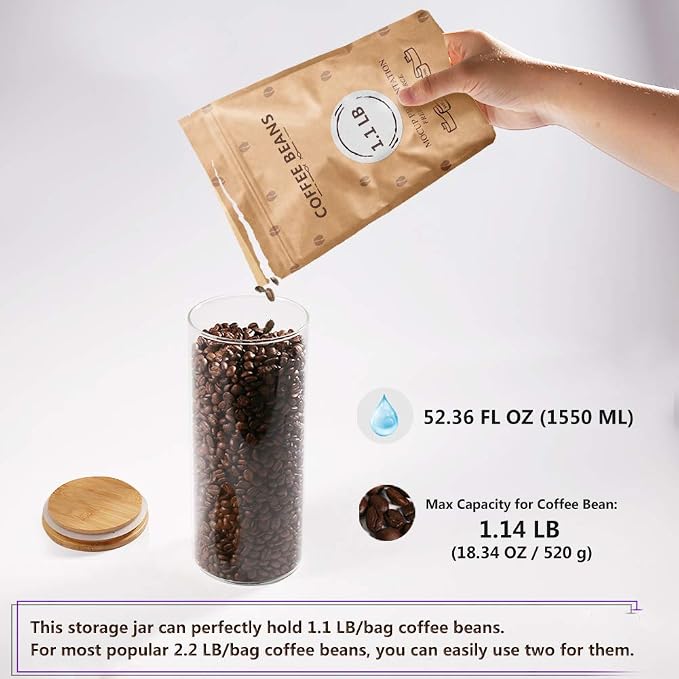 Glass Coffee Bean Container, 52.36 FL OZ (1550 ML), [Thickened Version] Glass Food Storage Jar with Airtight Seal Bamboo Lid - Clear Food Storage Canister for Serving Tea, Coffee, Spice and More - Image 3
