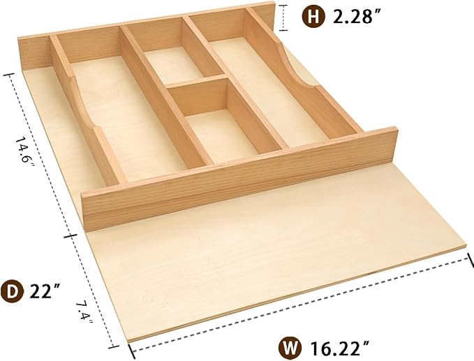 Silverware Drawer Organizer - Trim-to-Fit with Adjustable Dividers for Kitchen Utensil Storage, Beech Wood Frame with 11 Sizes (16.22" W x 22" D) - Image 4