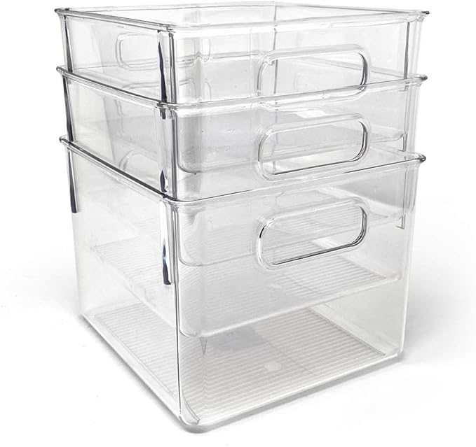 Isaac Jacobs 3-Pack Medium Clear Storage Bins with Handles | Plastic Organizer for Home, Room, Office, Fridge, Kitchen/Pantry Non-Slip Container Set, Food Safe, BPA Free (3-Pack, Medium) by IsaacJacobs
