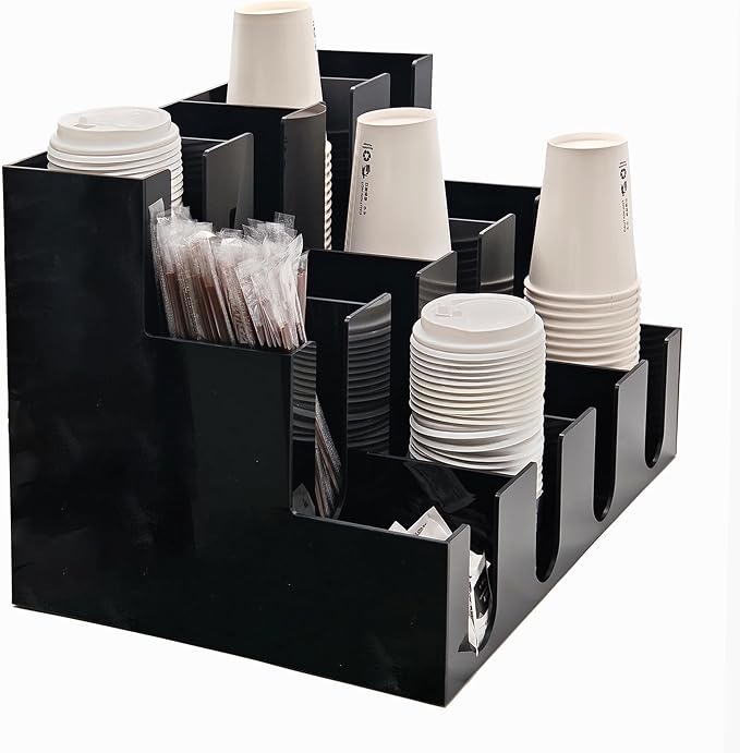 CiaoHER Large Acrylic Coffee Cup and Lid Dispenser, Black | 12 Compartments, Counter Top, Organize Disposable Cups, For Home or Office Use - Image 3