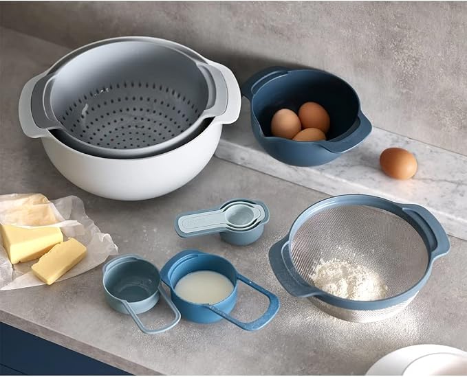 Joseph Joseph Nest 9 Piece Compact Food Preparation Set with Mixing Bowls, Measuring cups, Sieve and Colander, Space Saving, Blue - Image 3