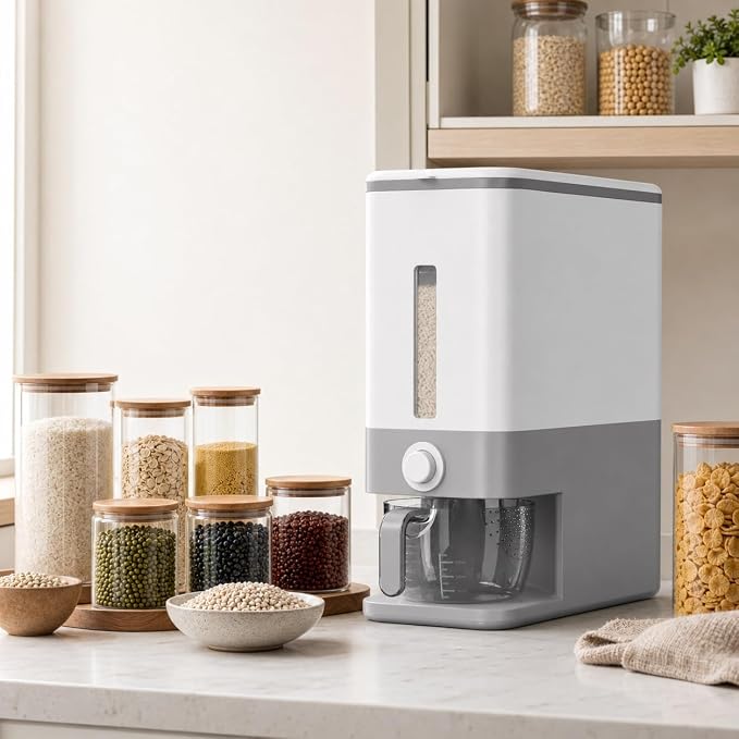 Proarea Rice Dispenser 25 Lbs, Airtight Grain Rice Storage Container with Measuring Cup, One-Touch Dry Food Dispenser for Kitchen Pantry, Clear Scale Window, Graphite Gray - Image 2