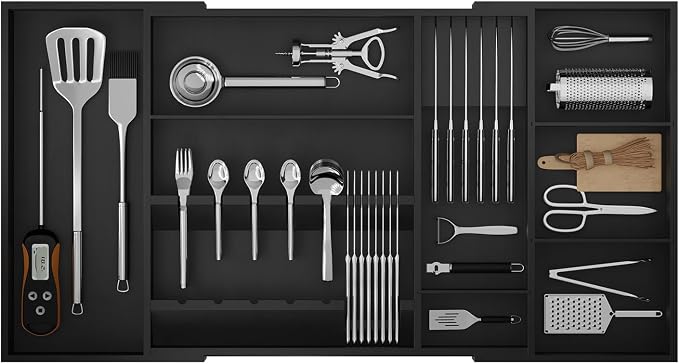 Bamboo Silverware Drawer Organizer, 17.72-29.53 Inch Expandable Large Kitchen Drawer Organizer, 5-8 Slot Flatware with Removable Card Slots & Knife Block for Spoon Butter Knive, Black by Landmok