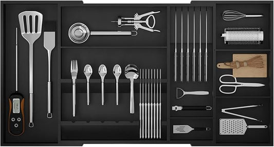 Bamboo Silverware Drawer Organizer, 17.72-29.53 Inch Expandable Large Kitchen Drawer Organizer, 5-8 Slot Flatware with Removable Card Slots & Knife Block for Spoon Butter Knive, Black by Landmok
