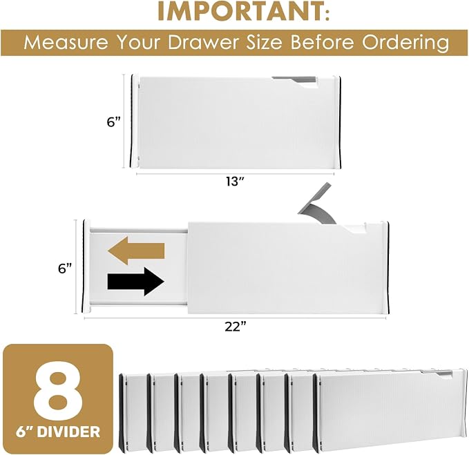RAPTUROUS Adjustable Deep Drawer Divider – 6" Tall, Expandable 13-22", 8-Pack, Non-Slip Drawer Dividers for Clothes, Dresser, Kitchen & Office Organization (White) - Image 2