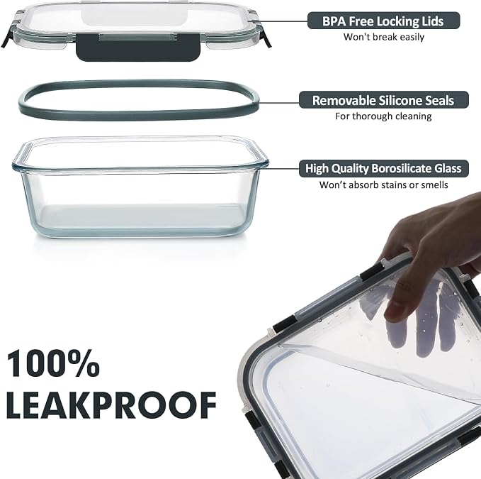 VERONES 30 Pieces Glass Food Storage Containers Set with Lids, Grey | Stackable Glass Meal Prep Containers Set with Lids, Airtight Lunch Containers, for Microwave, Oven, Freezer & Dishwasher - Image 4