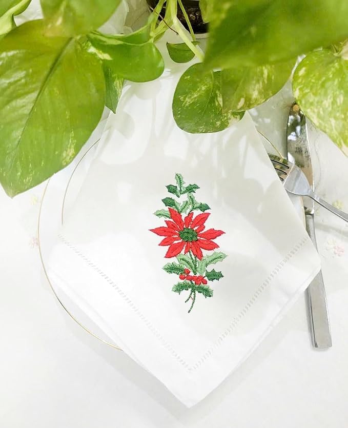 Embroidered Cloth Napkin Poinsettia and Holly Christmas Cotton Napkins Set of 6, 20 x 20 Hemstitch Table Napkins Machine Washable, Daily & Holidays, Great Gift Ideas - Image 7