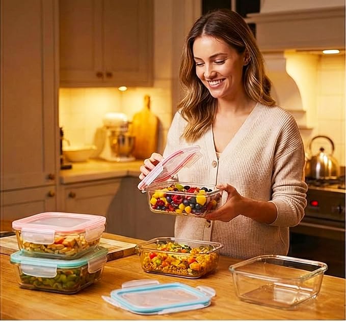 20 Pc Glass Food Storage Containers with Snap Lock Lids, Airtight & Leakproof, Bonus 2 Oven Silicone Gloves, Safe for Dishwasher, Oven, Microwave,Freezer, BPA Free - Image 7