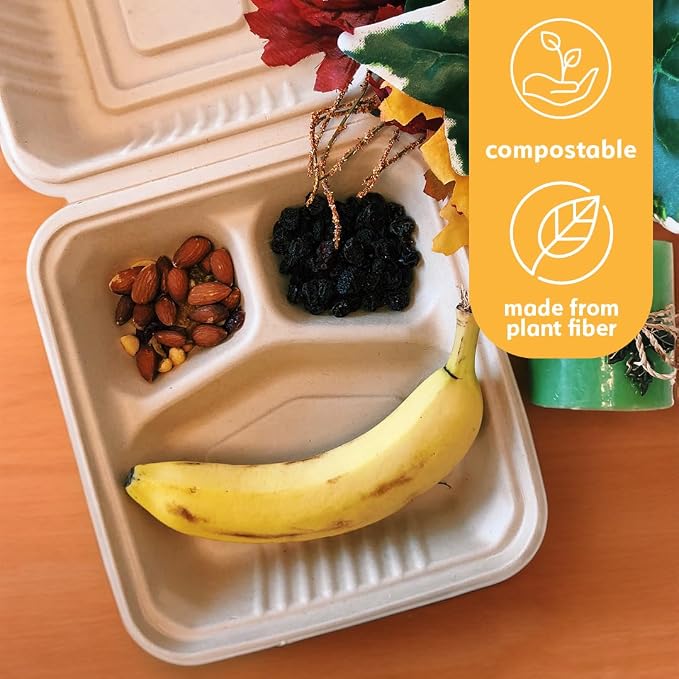 100% Compostable Disposable Food Containers with Lids [9”X9” 3-Comp 200 Pack] Eco-Friendly Take-Out TO-GO Containers, Heavy-Duty, Biodegradable, Unbleached by Earth's Natural Alternative - Image 4