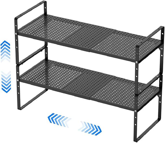 Expandable Kitchen Cabinet Shelf Organizers, Stackable Metal Pantry Storage Shelves Rack, Adjustable Counter Spice Shelf for Cabinets, Countertop, Cupboard, 2 Pack, Black by PerfectdesignforyourHOME