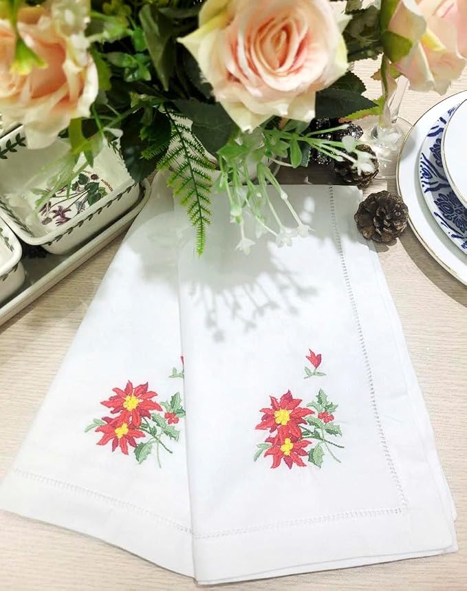 Embroidered Cloth Napkin Red Poinsettia and Holly Christmas Cotton Napkins Set of 6, 20 x 20 Hemstitch Table Napkins Machine Washable, Daily & Holidays, Great Gift Ideas - Image 7