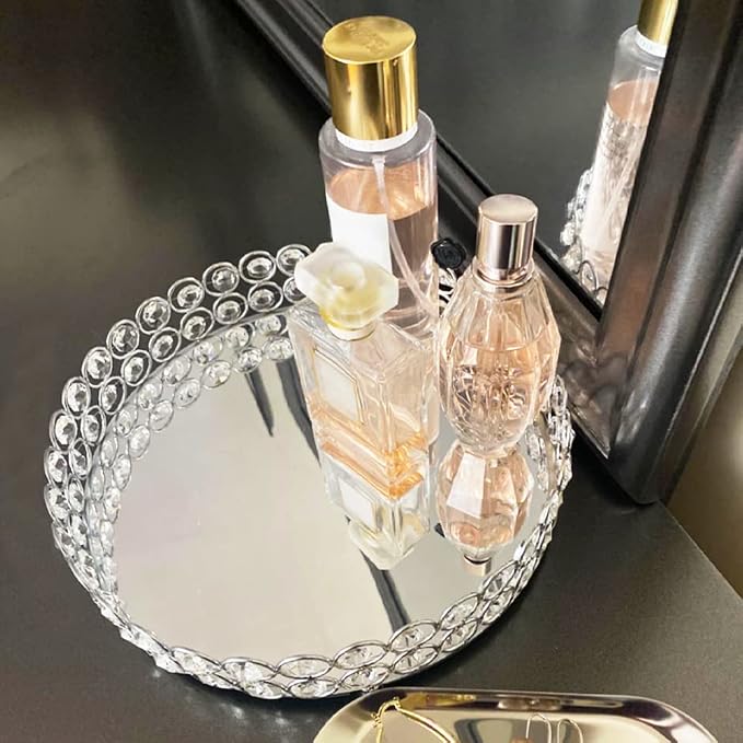 Crystal Decorative Tray Metal Mirrored Perfume Cosmetic Organizer Jewelry Trinket Display Storage Vanity Trays Home Décor Accents Luxury Gift (Round, 10in, Silver) - Image 2