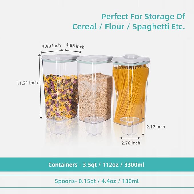 Airtight Pop Cereal Container, 3300ml Each Large Cereal Containers with Scoops Food Storage Canister Dispenser Perfect For Cereal Flour Spaghetti Rice Kitchen Organizing 3.5qt - Image 2