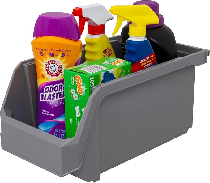 Large Stackable Plastic Storage Bins, 6-Pack, Grey | Open-Front Stackable Bins For Garage, Pantry, Closet & Office, 14,8"L X 8"W X 7"H, Nests When Empty, Durable Plastic, - Image 6