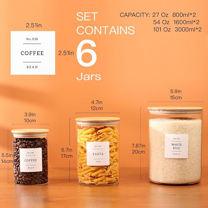 6-Pack Borosilicate Glass Storage Jars with Bamboo Lids + 132 Pre-Printed Pantry Labels Included, BPA-Free Thicken Airtight Containers for Flour, Sugar, Rice, Microwave & Freezer Safe(100OZ/54OZ/27OZ) - Image 3