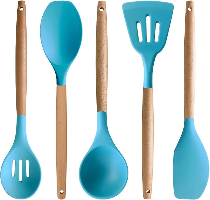 Silicone Kitchen Cooking Utensils Set, 5-Piece Non-Stick Silicone Kitchen Utensils Spatula Serving Spoons Turner Ladle Set w Wooden Handle Heat Resistant Cooking Gadgets for Nonstick Cookware - Image 8